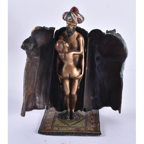 621 - AN AUSTRIAN COLD PAINTED BRONZE EROTIC FIGURE modelled as an Arabic male with a cat. 11 cm high.