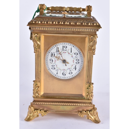 629 - A GOOD ANTIQUE FRENCH REPEATING BRONZE CARRIAGE CLOCK with painted enamel dial. 20 cm high inc handl... 