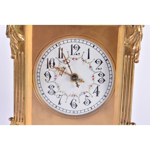 629 - A GOOD ANTIQUE FRENCH REPEATING BRONZE CARRIAGE CLOCK with painted enamel dial. 20 cm high inc handl... 