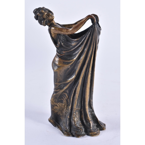 631 - A LATE 19TH CENTURY AUSTRIAN COLD PAINTED BRONZE GIRL modelled holding aloft her dress. 13 cm high.