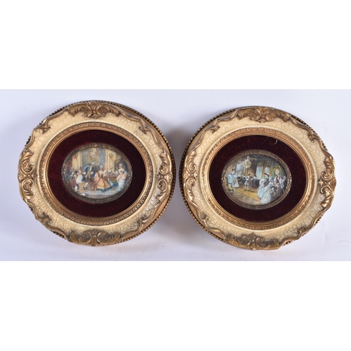 632 - A PAIR OF CONTINENTAL PAINTED WATERCOLOURS depicting interior scenes. 13 cm wide.