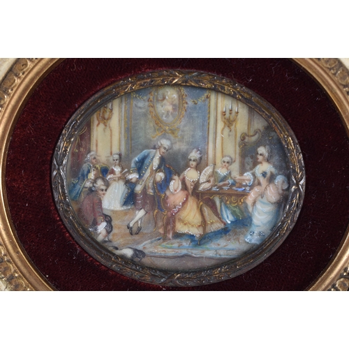 632 - A PAIR OF CONTINENTAL PAINTED WATERCOLOURS depicting interior scenes. 13 cm wide.