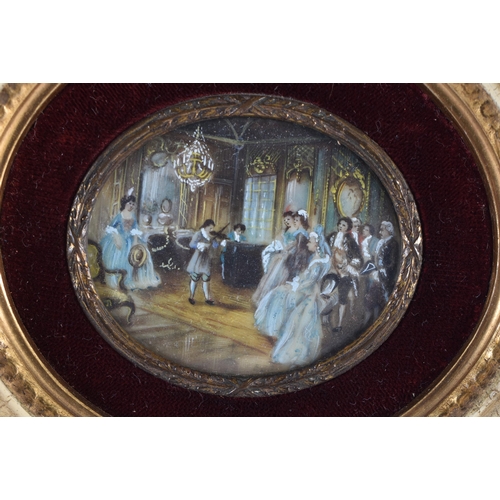 632 - A PAIR OF CONTINENTAL PAINTED WATERCOLOURS depicting interior scenes. 13 cm wide.