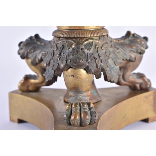 63 - A LARGE EARLY 19TH CENTURY GILT BRONZE COUNTRY HOUSELAMP formed with bold paw feet and acanthus. 42 ... 