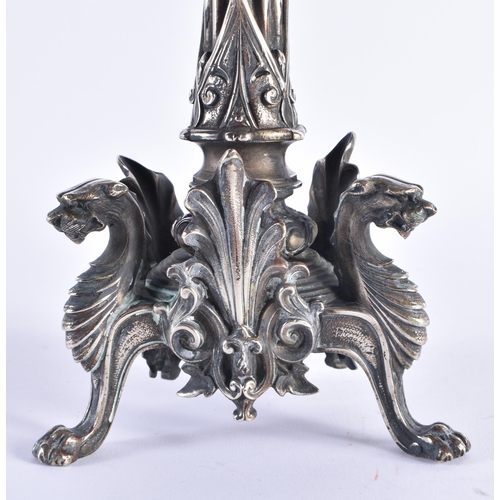 64 - A LARGE MID 19TH CENTURY ENGLISH SILVERED BRONZE LAMP formed with griffin type feet flanked by acant... 