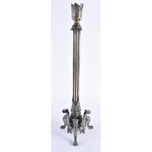 64 - A LARGE MID 19TH CENTURY ENGLISH SILVERED BRONZE LAMP formed with griffin type feet flanked by acant... 