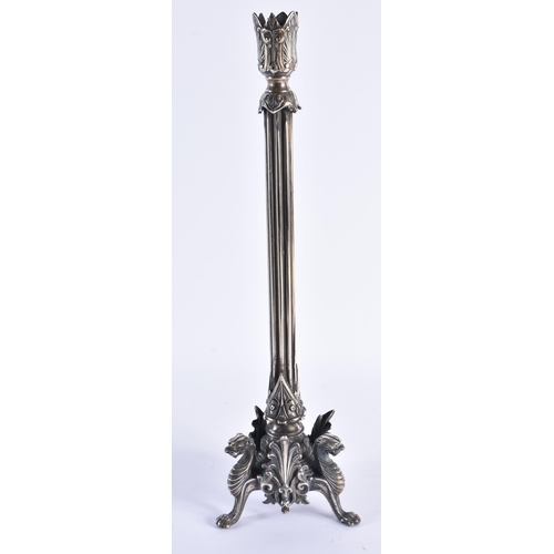 64 - A LARGE MID 19TH CENTURY ENGLISH SILVERED BRONZE LAMP formed with griffin type feet flanked by acant... 