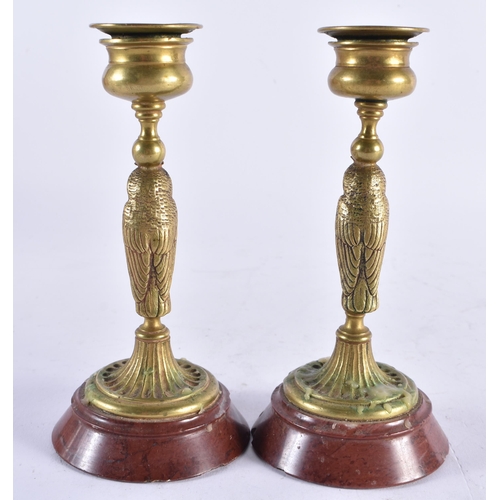 640 - A PAIR OF 19TH CENTURY BRONZE AND MARBLE OWL CANDLESTICKS. 15 cm high.