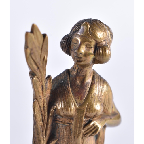 641 - AN ART NOUVEAU BRONZE AND ROSE QUARTZ FIGURE OF A FEMALE. 12.5 cm high.