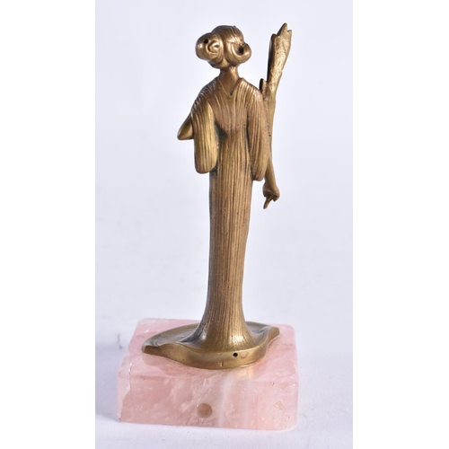 641 - AN ART NOUVEAU BRONZE AND ROSE QUARTZ FIGURE OF A FEMALE. 12.5 cm high.