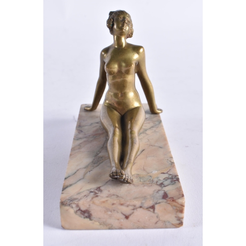 642 - AN ART DECO BRONZE AND MARBLE RECLINING NUDE FIGURE OF A FEMALE. 12 cm wide.