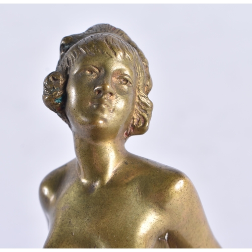 642 - AN ART DECO BRONZE AND MARBLE RECLINING NUDE FIGURE OF A FEMALE. 12 cm wide.