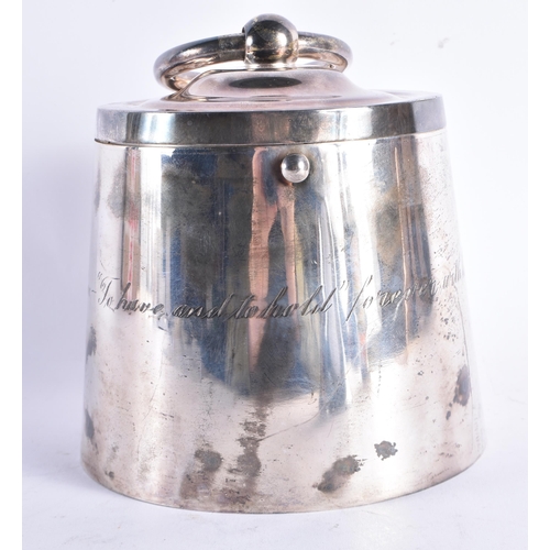 646 - A RARE ANTIQUE SILVER PLATED BISCUIT BARREL AND COVER formed as a weight. 22 cm high inc handle.