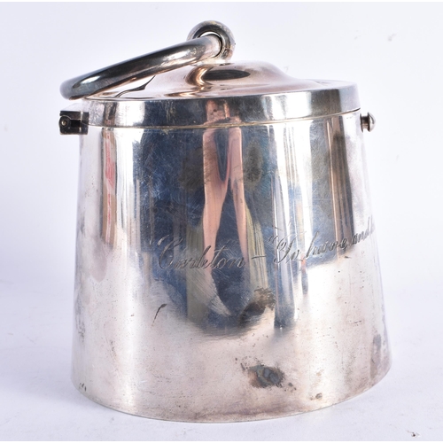 646 - A RARE ANTIQUE SILVER PLATED BISCUIT BARREL AND COVER formed as a weight. 22 cm high inc handle.