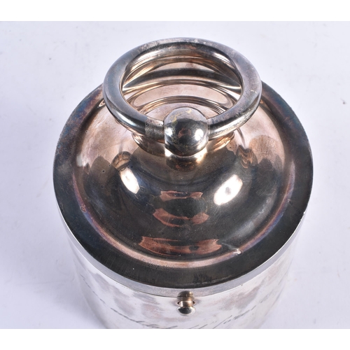 646 - A RARE ANTIQUE SILVER PLATED BISCUIT BARREL AND COVER formed as a weight. 22 cm high inc handle.