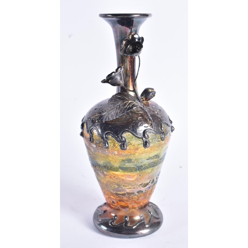 647 - A SILVER OVERLAID GLASS VASE. 116.5 grams. 17 cm high.