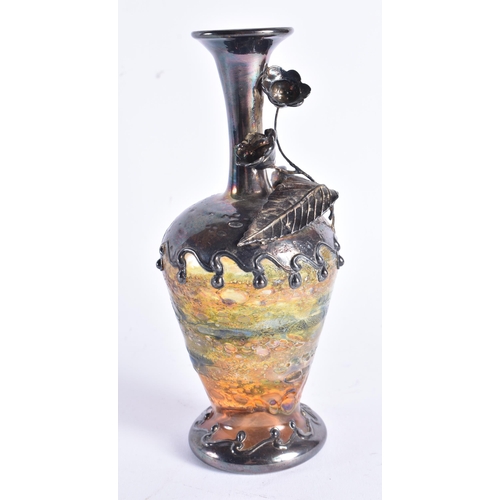 647 - A SILVER OVERLAID GLASS VASE. 116.5 grams. 17 cm high.