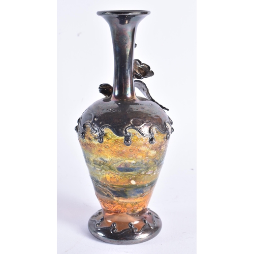 647 - A SILVER OVERLAID GLASS VASE. 116.5 grams. 17 cm high.