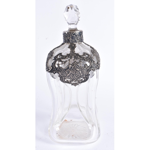 648 - AN ANTIQUE CONTINENTAL SILVER MOUNTED HOUR GLASS DECANTER AND STOPPER. 23 cm high.