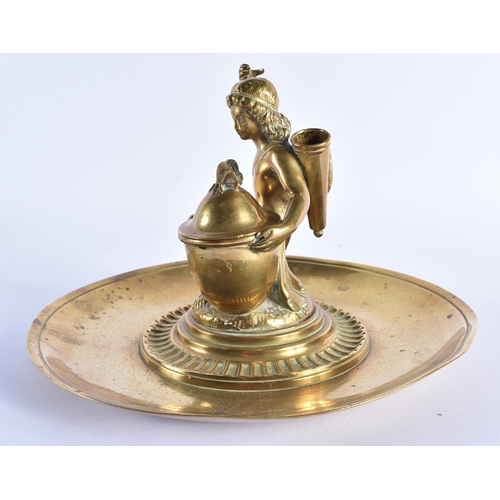 65 - A LARGE 19TH CENTURY EUROPEAN GRAND TOUR BRONZE INKWELL formed as a classical figure with arms raise... 