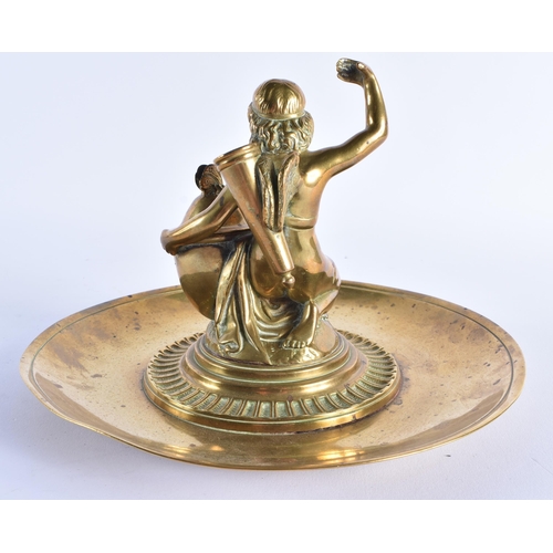 65 - A LARGE 19TH CENTURY EUROPEAN GRAND TOUR BRONZE INKWELL formed as a classical figure with arms raise... 