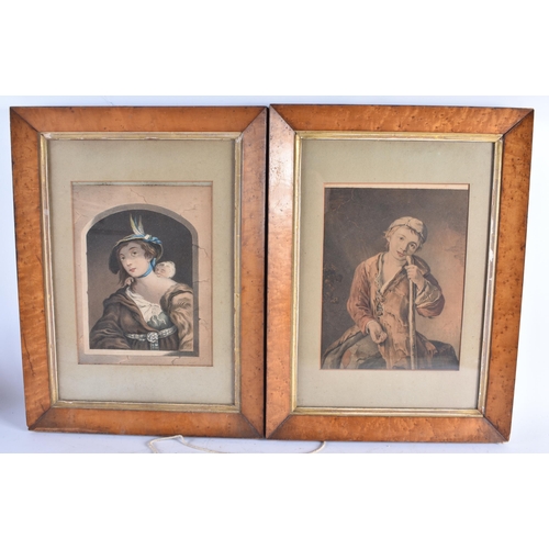 651 - A PAIR OF 19TH CENTURY ENGLISH HAND COLOURED ENGRAVINGS depicting portraits. 45 cm x 35 cm.