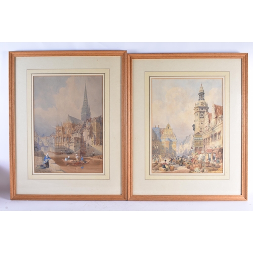 654 - Continental School (19th Century) Pair, Watercolours, Street scenes. 62 cm x 52 cm.