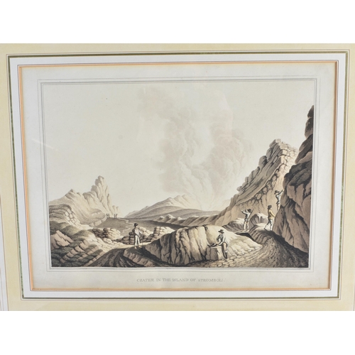 659 - A PAIR OF 19TH CENTURY VOLCANO CRATER ENGRAVINGS together with two other engravings depicting Greek ... 