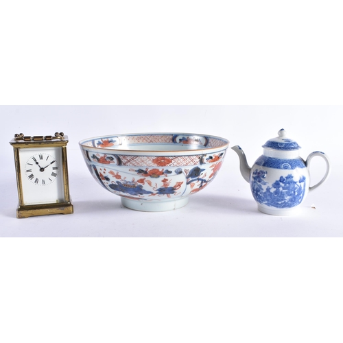 664 - AN EARLY 19TH CENTURY PEARLWARE TEAPOT AND COVER together with a Qianlong bowl & a carriage clock. L... 