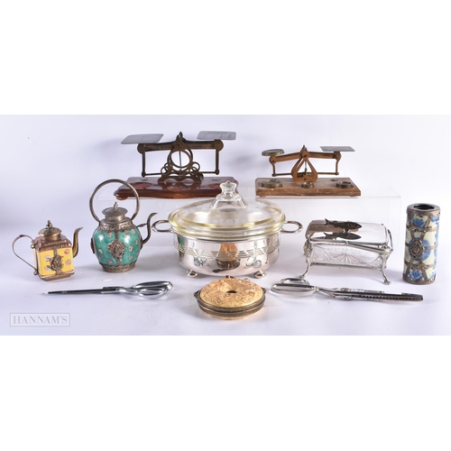 671 - ASSORTED COLLECTABLES including a powder flask, scales etc. (qty)