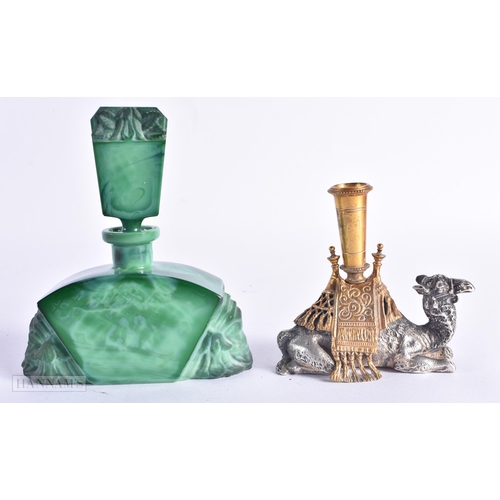 673 - AN ART DECO MALACHITE GLASS SCENT BOTTLE AND STOPPER together with a Victorian silver plated camel p... 