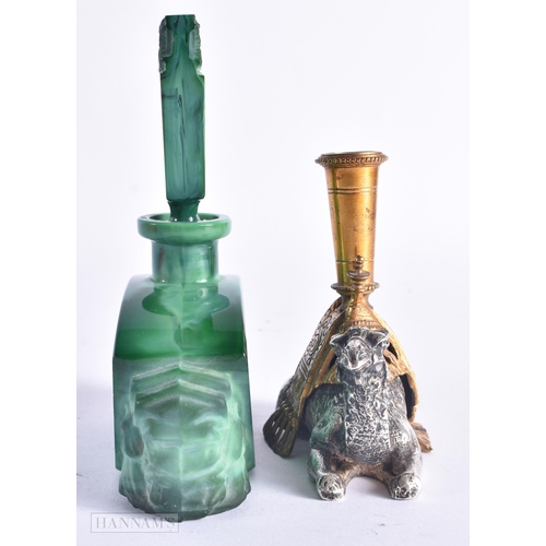 673 - AN ART DECO MALACHITE GLASS SCENT BOTTLE AND STOPPER together with a Victorian silver plated camel p... 