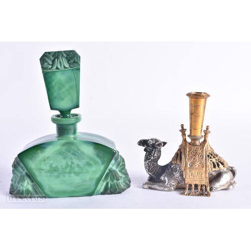 673 - AN ART DECO MALACHITE GLASS SCENT BOTTLE AND STOPPER together with a Victorian silver plated camel p... 