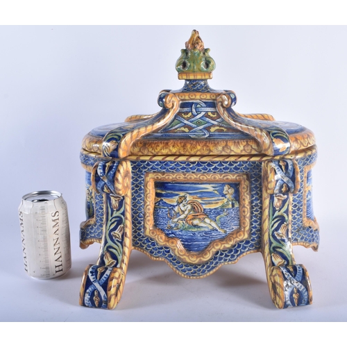 680 - A RARE 19TH CENTURY ITALIAN MAJOLICA POTTERY BOWL AND COVER of unusual form, painted with classical ... 