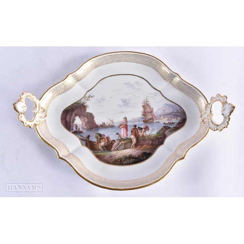 704 - A FINE 19TH CENTURY MEISSEN PORCELAIN TWIN HANDLED TRAY painted with a marine landscape. 25 cm wide.