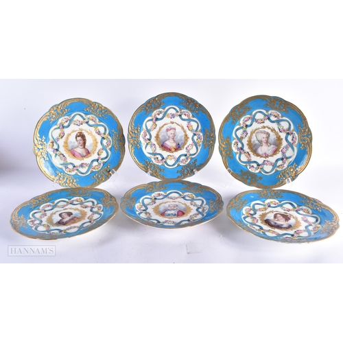 705 - A LOVELY SET OF SIX 19TH CENTURY FRENCH SEVRES PORCELAIN PLATES painted with portraits and gilt flow... 