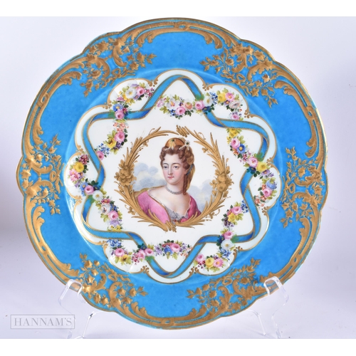 705 - A LOVELY SET OF SIX 19TH CENTURY FRENCH SEVRES PORCELAIN PLATES painted with portraits and gilt flow... 