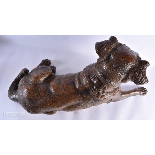 716 - A FINE AND RARE 19TH CENTURY AUSTRIAN COLD PAINTED TERRACOTTA DOG modelled recumbant with glass eyes... 