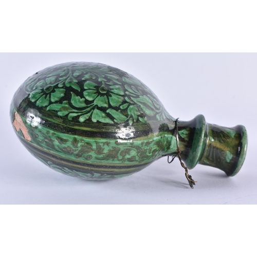 72 - AN UNUSUAL 19TH CENTURY MIDDLE EASTERN INDIAN POTTERY FLASK Mughal type, painted with green flowers.... 