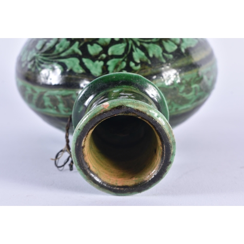 72 - AN UNUSUAL 19TH CENTURY MIDDLE EASTERN INDIAN POTTERY FLASK Mughal type, painted with green flowers.... 