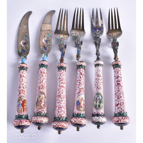 720 - A FINE SET OF 19TH CENTURY AUSTRIAN VIENNA SILVER GILT AND ENAMEL CUTLERY. 20 cm long. (6)