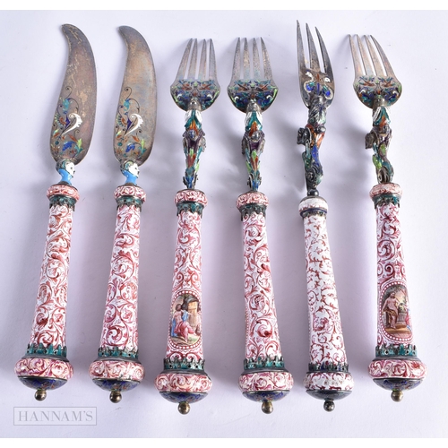 720 - A FINE SET OF 19TH CENTURY AUSTRIAN VIENNA SILVER GILT AND ENAMEL CUTLERY. 20 cm long. (6)