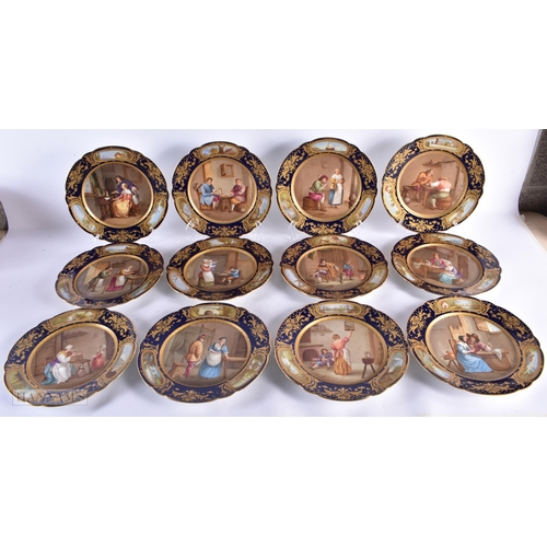 724 - A GOOD SET OF 19TH CENTURY FRENCH SEVRES PORCELAIN CABINET PLATES painted with figures within interi... 