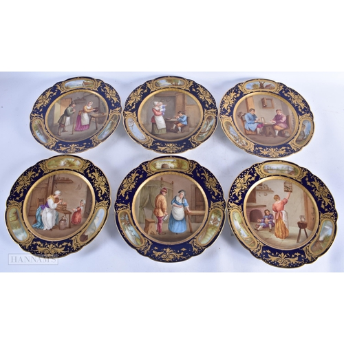 724 - A GOOD SET OF 19TH CENTURY FRENCH SEVRES PORCELAIN CABINET PLATES painted with figures within interi... 