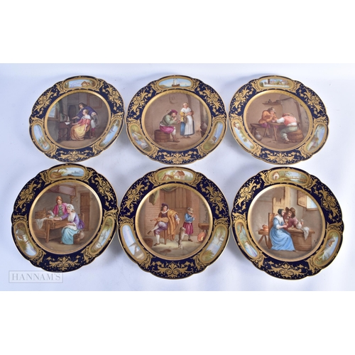 724 - A GOOD SET OF 19TH CENTURY FRENCH SEVRES PORCELAIN CABINET PLATES painted with figures within interi... 