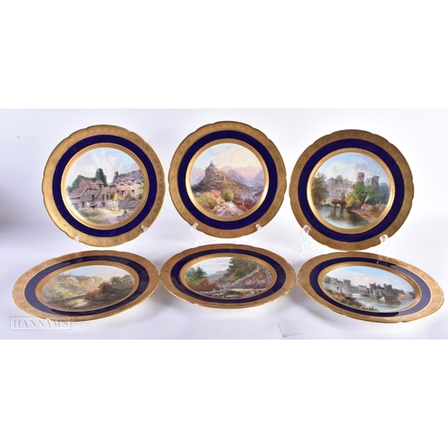 726 - A SET OF SIX LATE 19TH CENTURY MINTON PORCELAIN LANDSCAPE PLATES. 24 cm wide. (6)