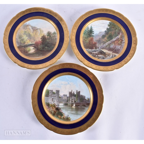 726 - A SET OF SIX LATE 19TH CENTURY MINTON PORCELAIN LANDSCAPE PLATES. 24 cm wide. (6)