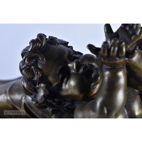 755 - A FINE LARGE 19TH CENTURY FRENCH BRONZE AND MARBLE CLOCK formed as a reclining female feeding fawns.... 