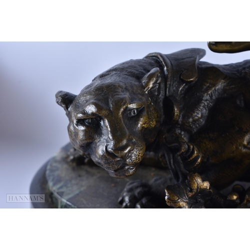 755 - A FINE LARGE 19TH CENTURY FRENCH BRONZE AND MARBLE CLOCK formed as a reclining female feeding fawns.... 