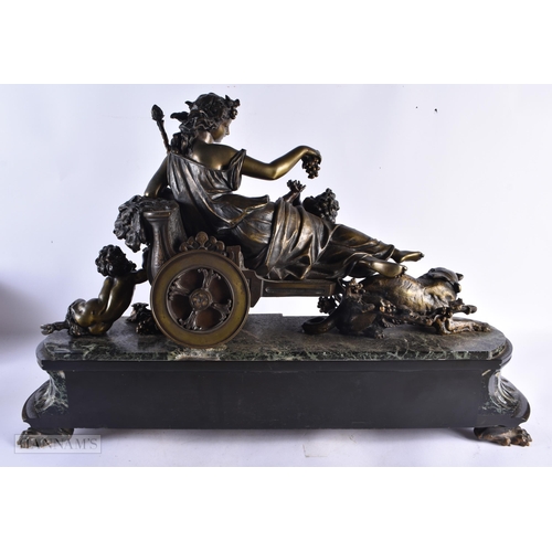 755 - A FINE LARGE 19TH CENTURY FRENCH BRONZE AND MARBLE CLOCK formed as a reclining female feeding fawns.... 